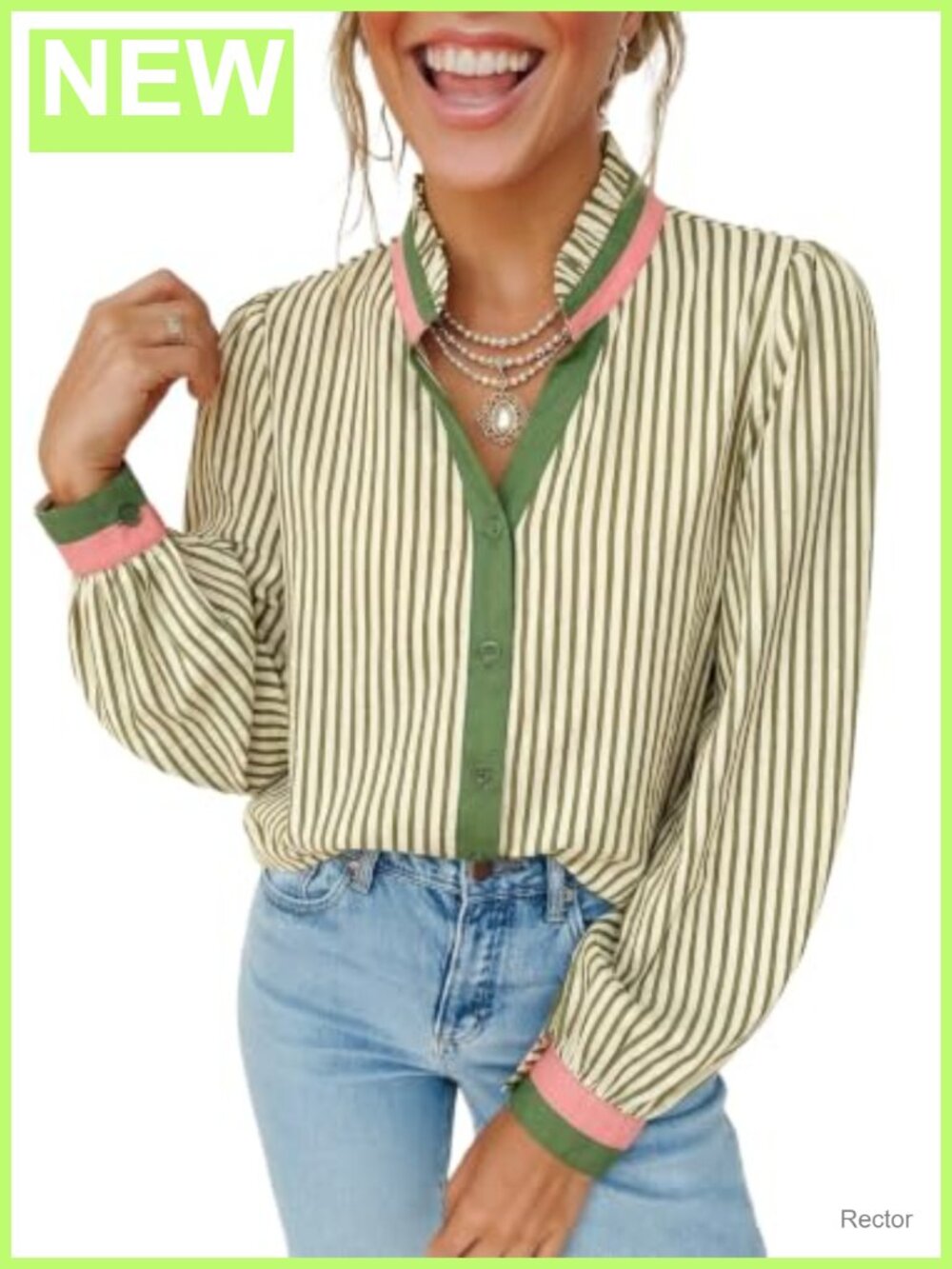 Women's Striped Button Down Shirt Long Sleeve V Neck Cotton Blouse